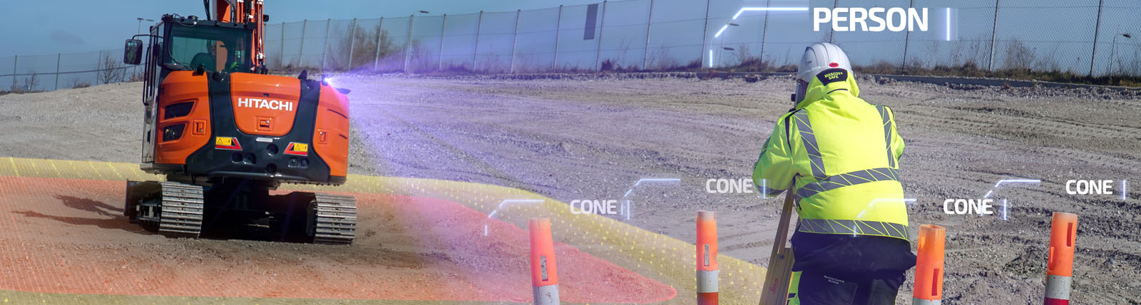 Leica Xsight360 safety awareness solution on a Hitachi excavator, with AI human form detection technology, detecting a person to avoid caught-in/between accidents. 